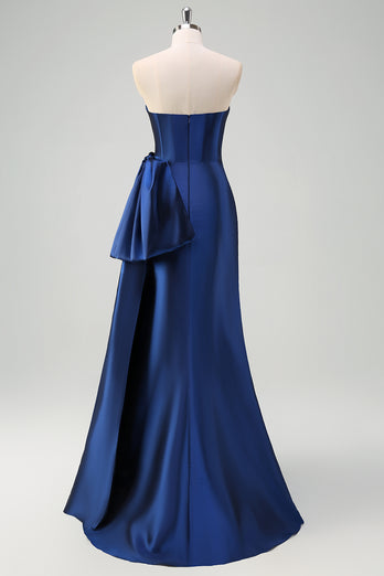 Dark Blue Strapless Bowknot Prom Dress with Slit
