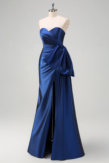 Dark Blue Strapless Bowknot Prom Dress with Slit