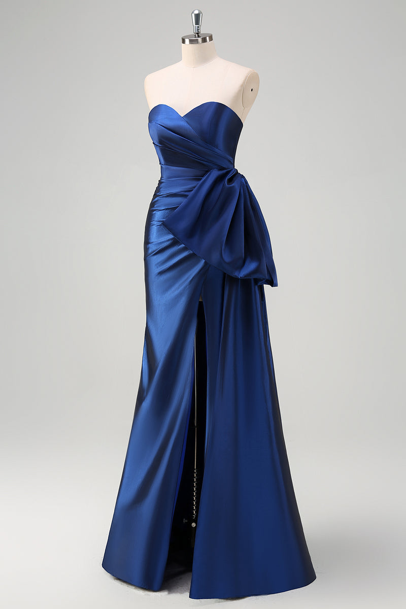 Load image into Gallery viewer, Dark Blue Strapless Bowknot Prom Dress with Slit
