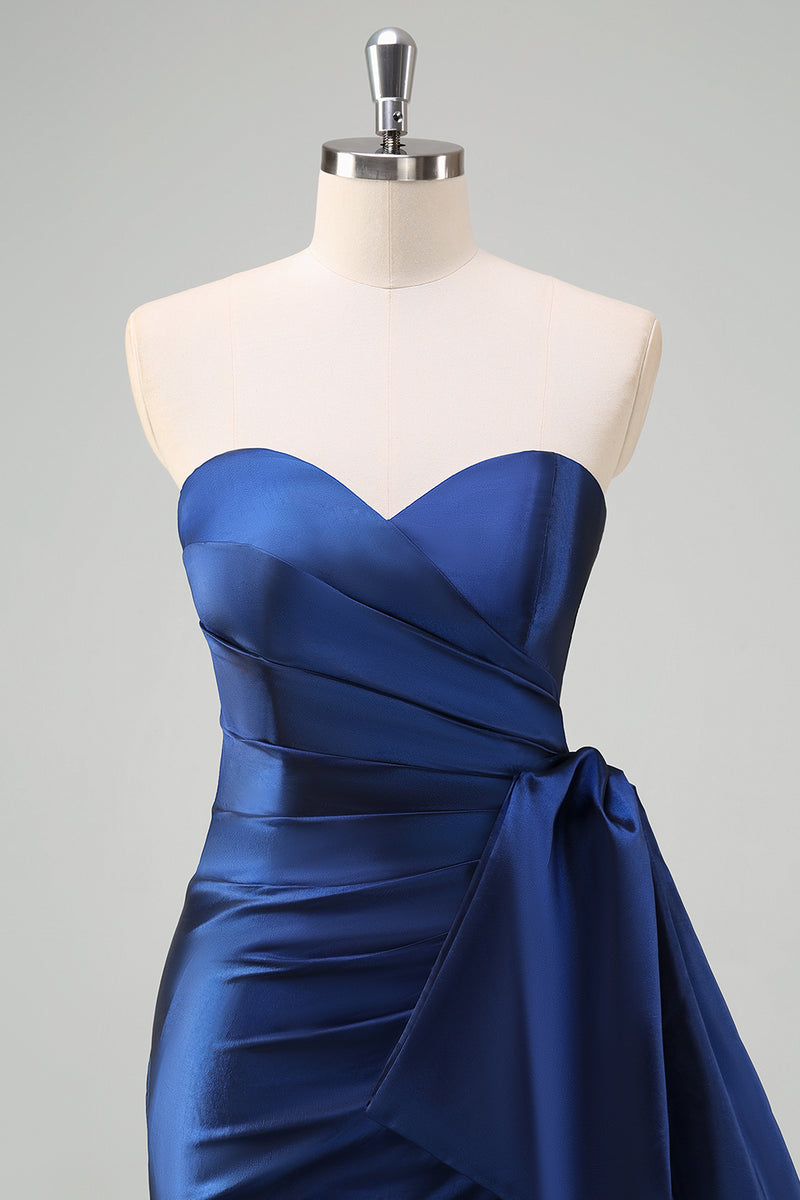 Load image into Gallery viewer, Dark Blue Strapless Bowknot Prom Dress with Slit