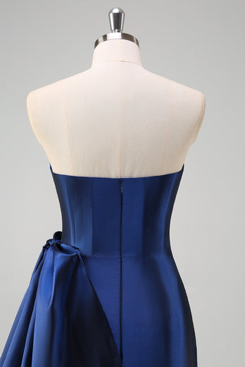 Dark Blue Strapless Bowknot Prom Dress with Slit