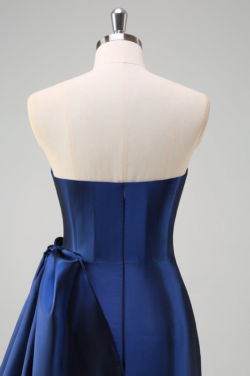 Load image into Gallery viewer, Dark Blue Strapless Bowknot Prom Dress with Slit