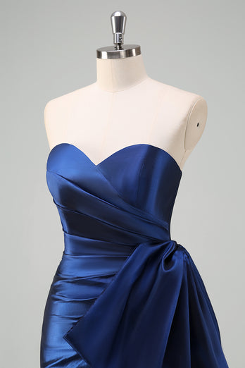 Dark Blue Strapless Bowknot Prom Dress with Slit