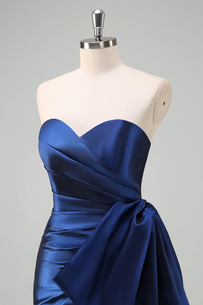 Load image into Gallery viewer, Dark Blue Strapless Bowknot Prom Dress with Slit
