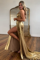 Load image into Gallery viewer, Sparkly Gold Strapless Corset Mermaid Long Prom Dress with Slit