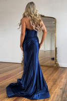 Load image into Gallery viewer, Navy Neck Collar Illusion Mermaid Long Prom Dress with Slit