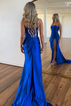 Royal Blue Corset Mermaid Satin Long Prom Dress with Slit