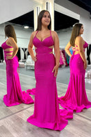 Load image into Gallery viewer, Sparkly Fuchsia Mermaid Spaghetti Straps Long Prom Dress with Sequins