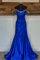 Load image into Gallery viewer, Royal Blue Off the Shoulder Corset Beaded Long Prom Dress with Slit