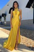 Load image into Gallery viewer, Yellow Mermaid Neck Collar Satin Long Prom Dress with Slit