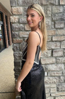 Load image into Gallery viewer, Sparkly Black Mermaid Spaghetti Straps Corset Long Prom Dress with Slit
