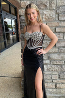 Load image into Gallery viewer, Sparkly Black Mermaid Spaghetti Straps Corset Long Prom Dress with Slit