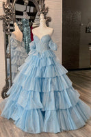 Load image into Gallery viewer, Sparkly Blue A-Line Off the Shoulder Illusion Corset Long Prom Dress with Sequins