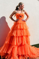 Load image into Gallery viewer, Orange A-Line Tulle Spaghetti Straps Long Prom Dress with Flower