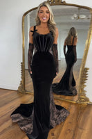 Load image into Gallery viewer, Black Mermaid Velvet Spaghetti Straps Corset Long Prom Dress (Gloves are not included)