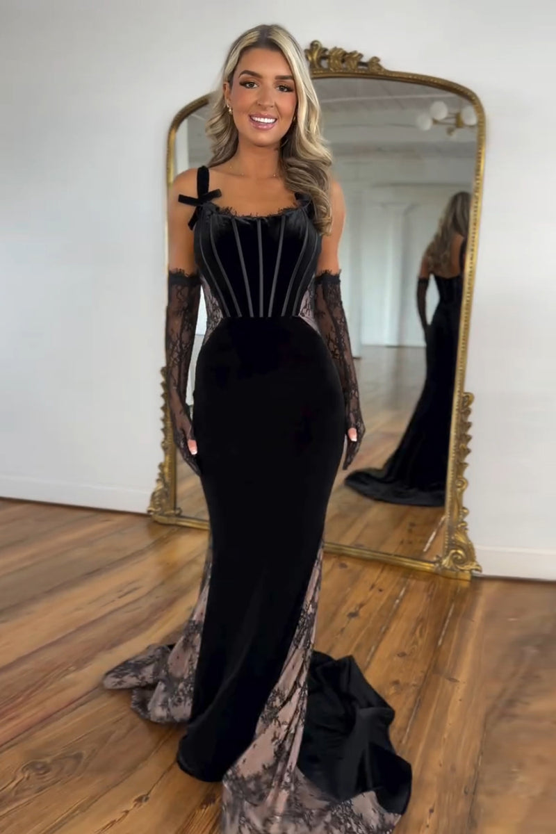 Load image into Gallery viewer, Black Mermaid Velvet Spaghetti Straps Corset Long Prom Dress (Gloves are not included)
