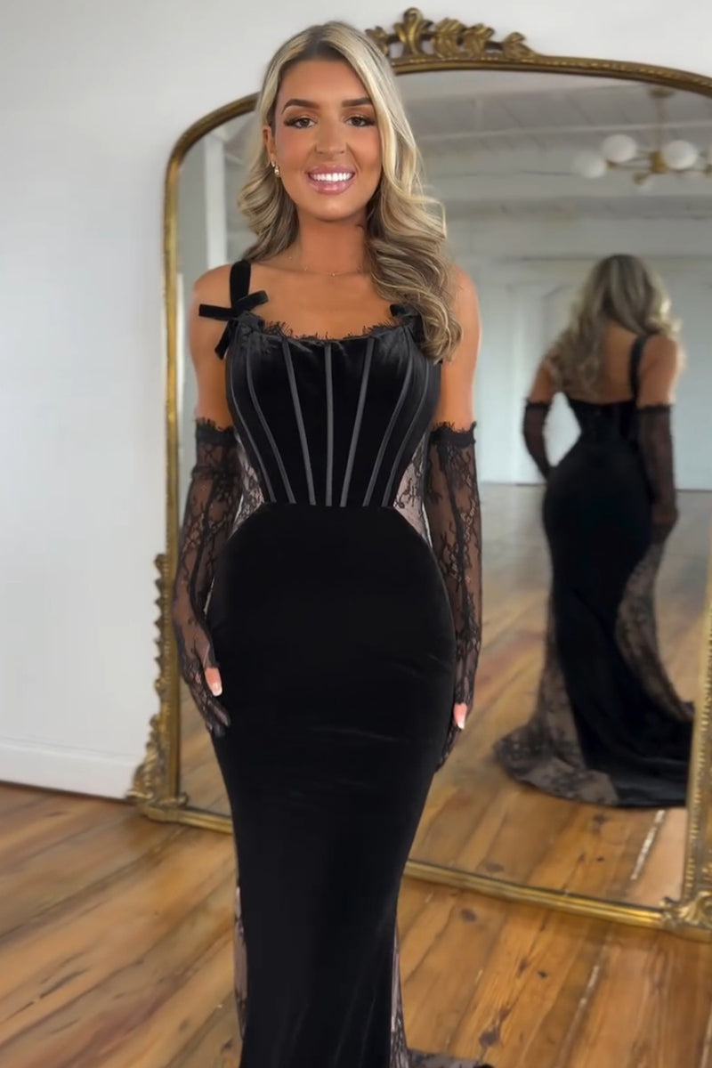 Load image into Gallery viewer, Black Mermaid Velvet Spaghetti Straps Corset Long Prom Dress (Gloves are not included)