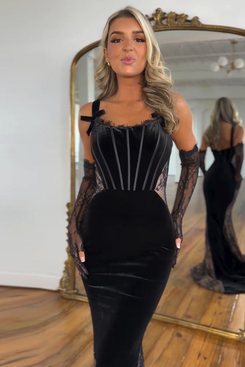 Load image into Gallery viewer, Black Mermaid Velvet Spaghetti Straps Corset Long Prom Dress (Gloves are not included)