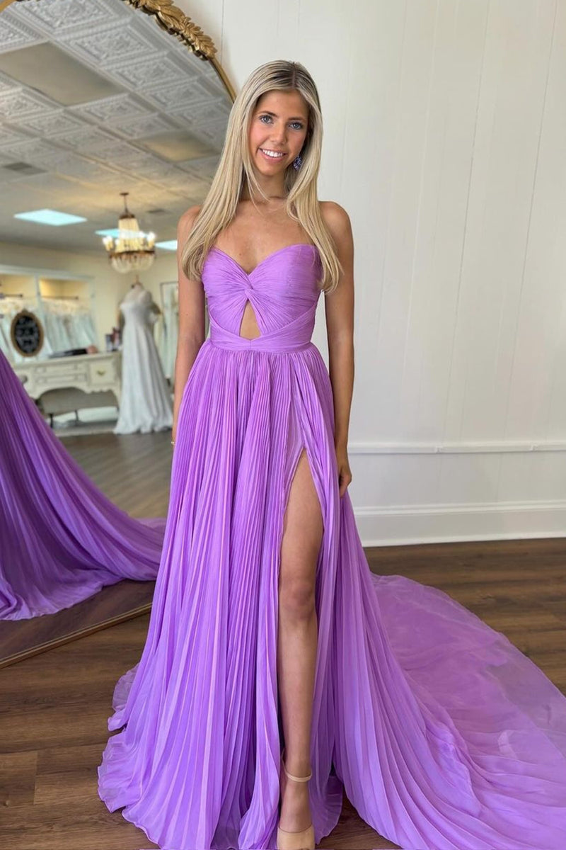 Load image into Gallery viewer, Simple Purple Mermaid Strapless Tulle Long Prom Dress with Slit