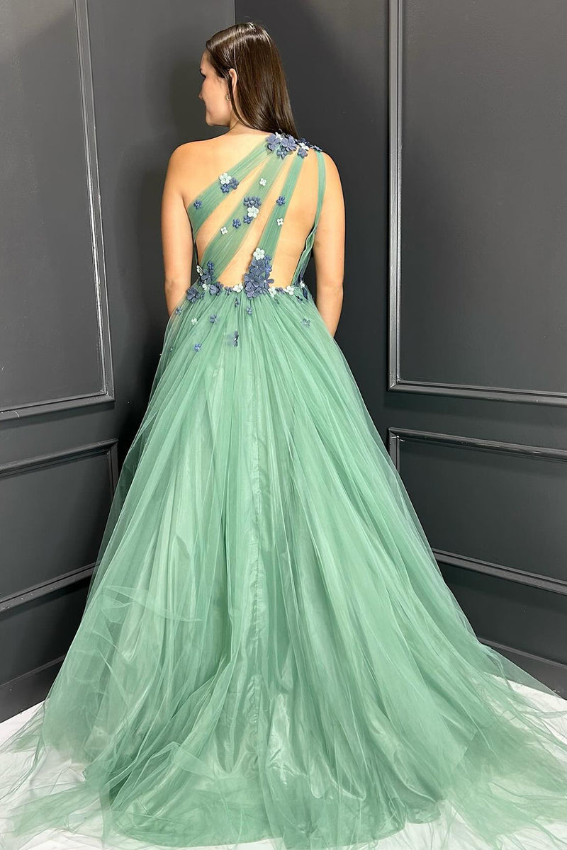 Queendancer Women Green Long Prom Dress with Flowers ALine One