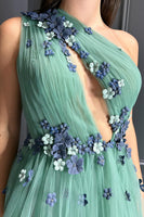 Load image into Gallery viewer, Green A-Line One Shoulder Tulle Long Prom Dress with Flowers