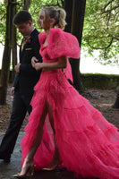 Load image into Gallery viewer, Sparkly Fuchsia 2 Pieces Puff Sleeves Long Prom Dress