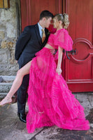Load image into Gallery viewer, Sparkly Fuchsia 2 Pieces Puff Sleeves Long Prom Dress