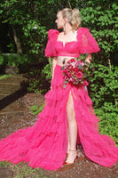 Load image into Gallery viewer, Sparkly Fuchsia 2 Pieces Puff Sleeves Long Prom Dress