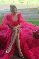 Load image into Gallery viewer, Sparkly Fuchsia 2 Pieces Puff Sleeves Long Prom Dress