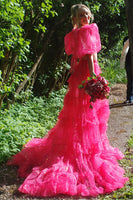 Load image into Gallery viewer, Sparkly Fuchsia 2 Pieces Puff Sleeves Long Prom Dress