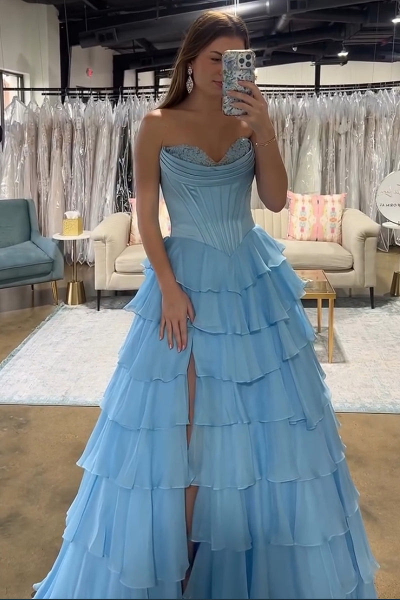 Load image into Gallery viewer, Red Strapless Corset Tiered Chiffon Long Prom Dress with Slit