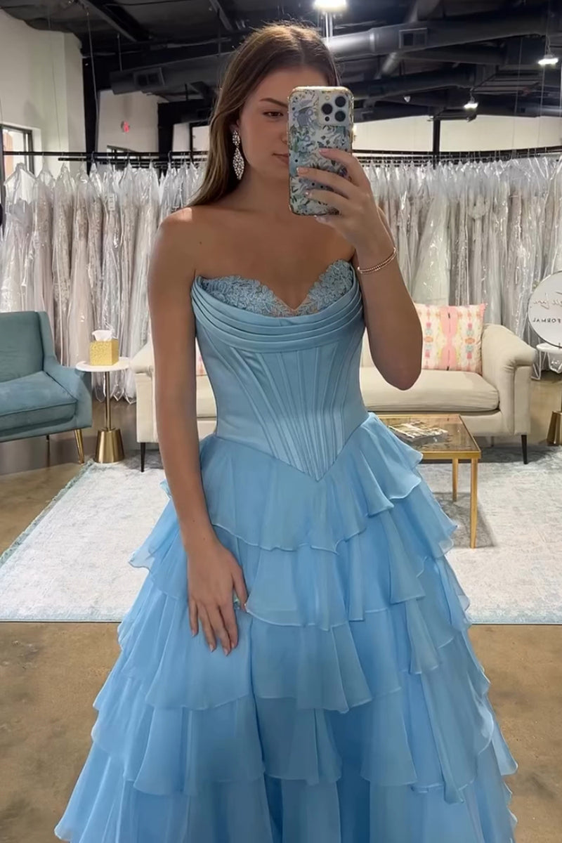 Load image into Gallery viewer, Red Strapless Corset Tiered Chiffon Long Prom Dress with Slit