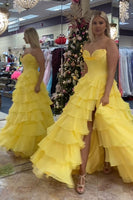 Load image into Gallery viewer, Red Strapless Corset Tiered Chiffon Long Prom Dress with Slit