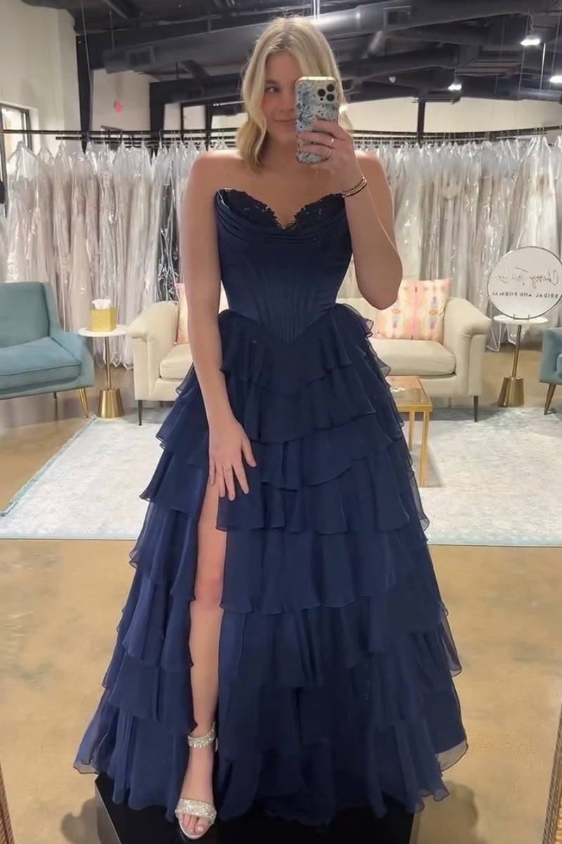Load image into Gallery viewer, Red Strapless Corset Tiered Chiffon Long Prom Dress with Slit