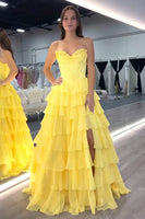 Load image into Gallery viewer, Red Strapless Corset Tiered Chiffon Long Prom Dress with Slit