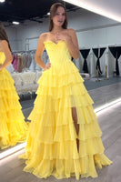 Load image into Gallery viewer, Red Strapless Corset Tiered Chiffon Long Prom Dress with Slit