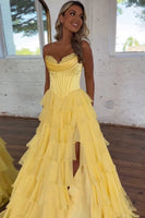 Load image into Gallery viewer, A Line Blue Strapless Corset Tiered Chiffon Long Prom Dress