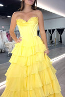 Load image into Gallery viewer, Red Strapless Corset Tiered Chiffon Long Prom Dress with Slit