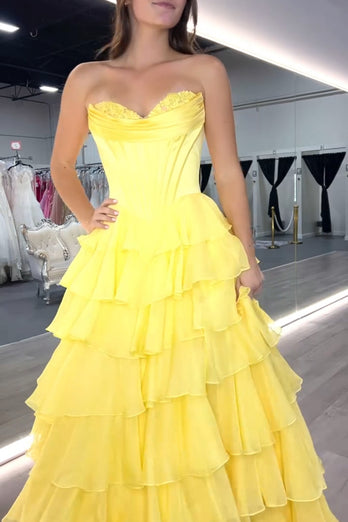 Red Strapless Corset Tiered Chiffon Long Prom Dress with Slit