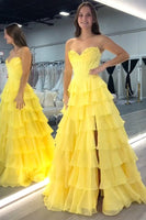 Load image into Gallery viewer, Red Strapless Corset Tiered Chiffon Long Prom Dress with Slit