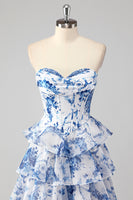 Load image into Gallery viewer, Floral White Blue Sweetheart A Line Tiered Long Corset Prom Dress
