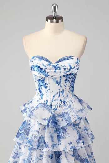 White Blue Sweetheart Flower Corset A Line Tiered Long Prom Dress