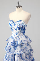 Load image into Gallery viewer, Floral White Blue Sweetheart A Line Tiered Long Corset Prom Dress