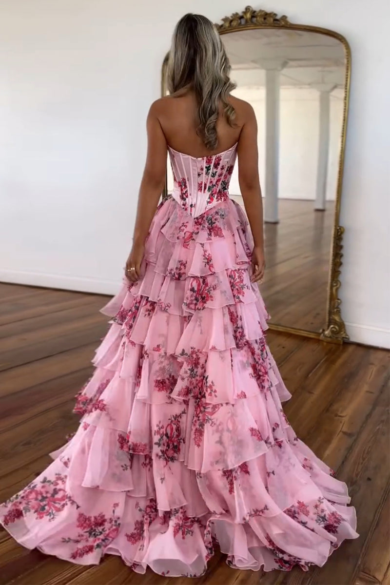 Load image into Gallery viewer, White Blue Flower Corset A Line Tiered Long Prom Dress