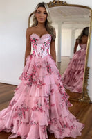 Load image into Gallery viewer, Floral White Blue A Line Tiered Long Corset Prom Dress with Ruffles