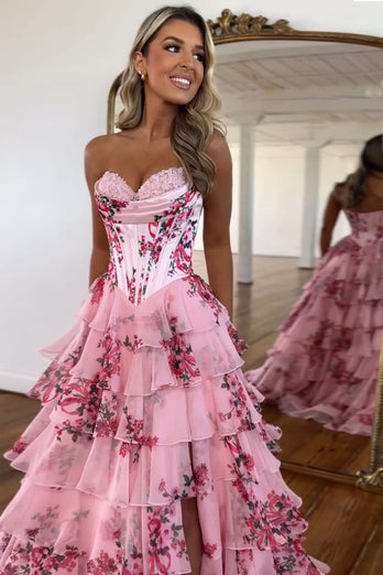 White Blue Flower Corset A Line Tiered Long Prom Dress