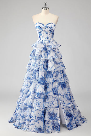 White Blue Flower Corset A Line Tiered Long Prom Dress
