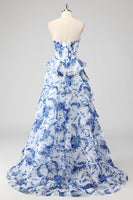 Load image into Gallery viewer, Floral White Blue A Line Tiered Long Corset Prom Dress with Ruffles