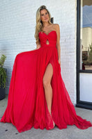 Load image into Gallery viewer, Red Pleated Sweetheart Hollow Out Sweep Train Prom Dress with Slit
