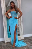 Load image into Gallery viewer, Dark Green Mermaid Spaghetti Straps Corset Long Prom Dress with Slit